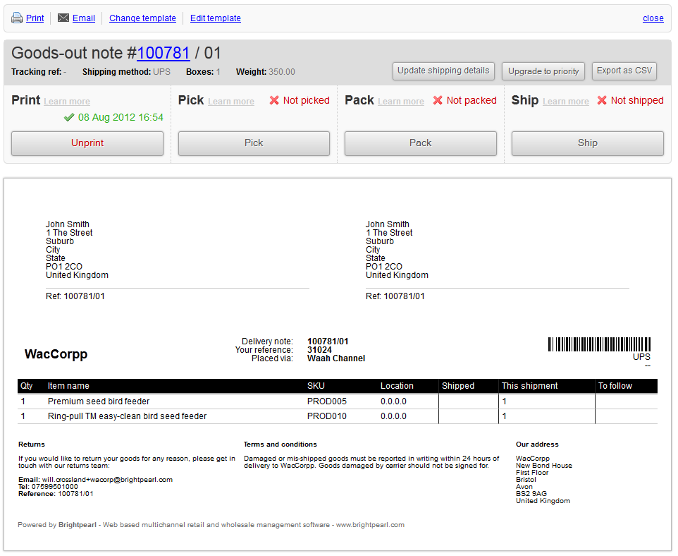 processing goods out notes brightpearl help center shipping note template